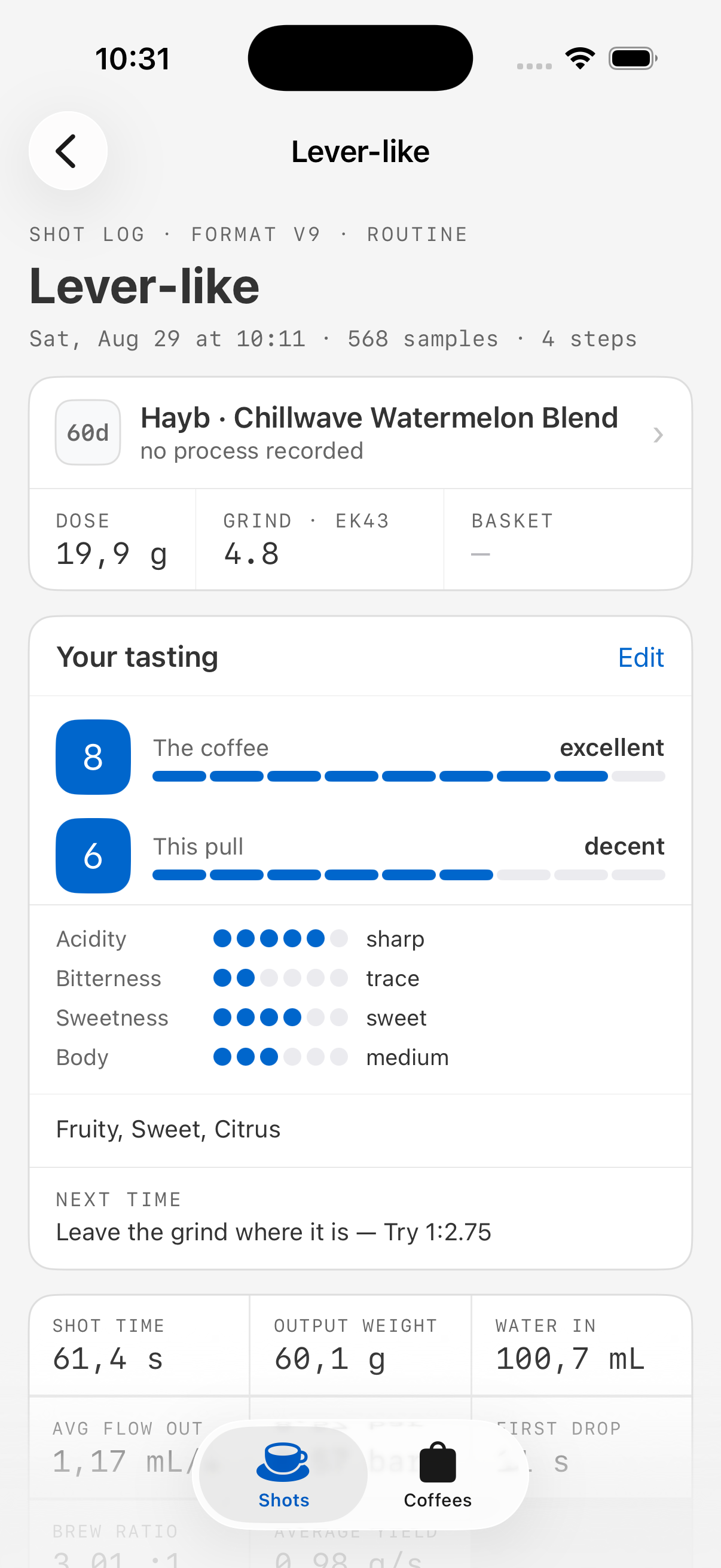 A screenshot of a single shot in the iOS app