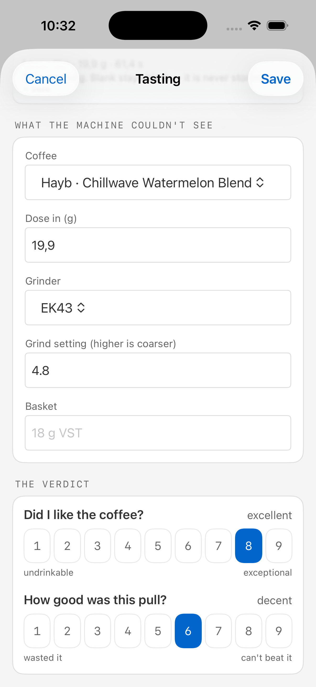 A screenshot of the tasting sheet in the iOS app