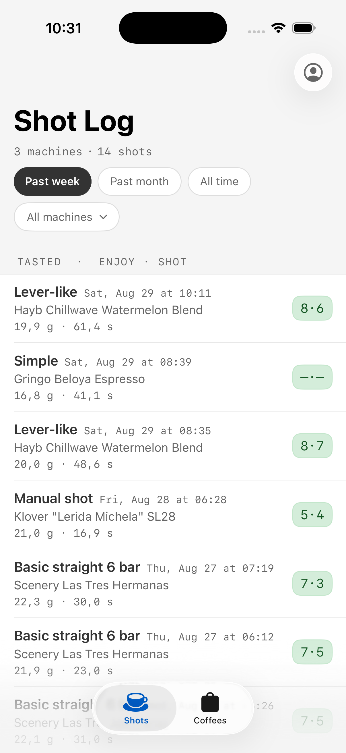 A screenshot of the shot log in the iOS app